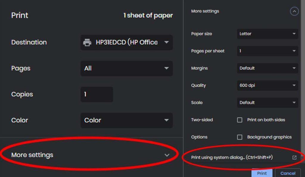 Settings used to get to the system dialog to print on foil sticker paper
