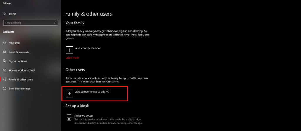 The next step to create new user windows 10 is to click on the plus icon to add someone else to this PC.