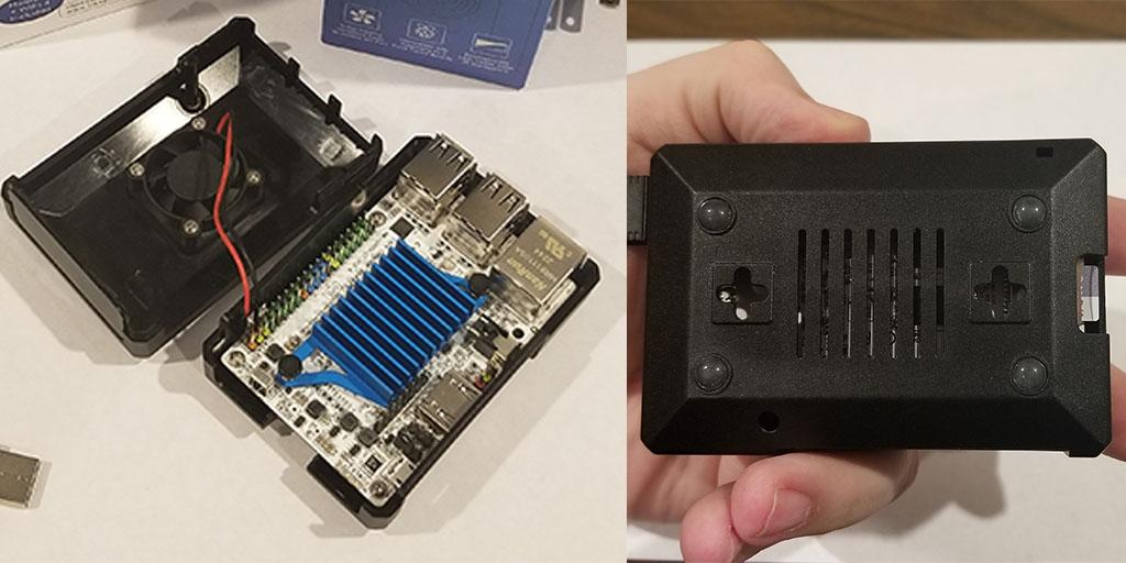 Image showing the best Le Potato case, the LoveRPi Active Cooling Case. The left side of the image shows the Le Potato inside the case with the top shell removed and to the side. The right side of the image shows the bottom of the case showing off the rubber feet and the two mounting holes.