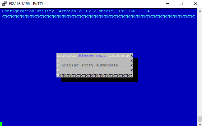 Le Potato openHAB install Armbian config screen showing the 'Softy' submodule loading