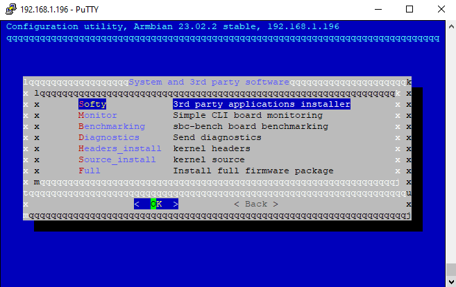 Le Potato openHAB install Armbian config screen showing to navigate to 'Softy' and press enter