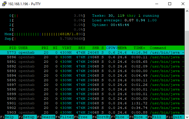 A successful OpenHAB install will show this status screen when running 'sudo htop -u openhab'