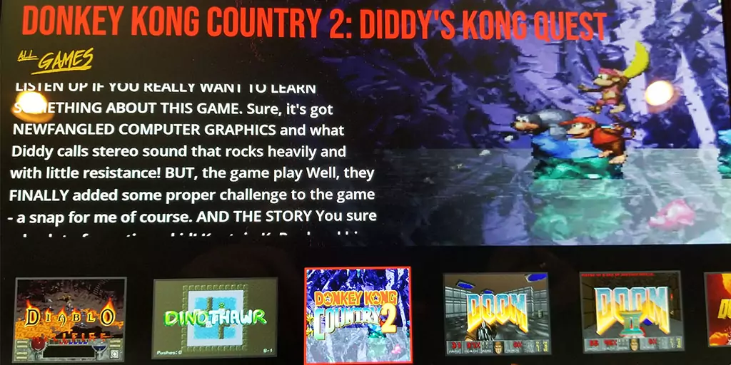 Showing my dumped copy of Donkey Kong Country 2 on the EmuELEC Le Potato board, complete with images and artwork