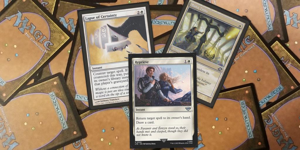 3 of the best MTG white counterspell cards: Lapse of Certainty, Mana Tithe and Reprieve sitting on top of a bunch of MTG cards face down.