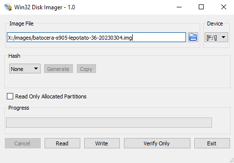 Prepping the Batocera SD card by flashing the Batocera download file using Win32 Disk Imager