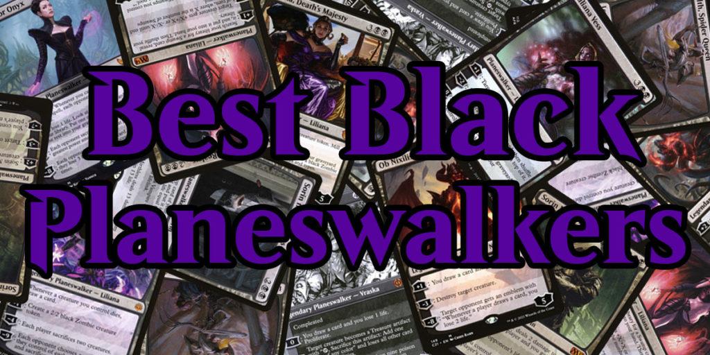 A collection of the best black Planeswalkers in a collage with the text 'Best Black Planeswalkers' over it, in purple