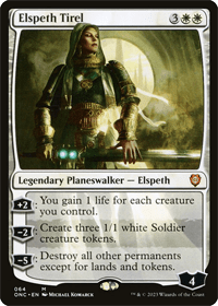 Card image of Elspeth Tirel. #2 on the list of best white Planeswalkers for token decks.