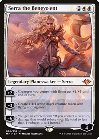 Card image of Serra the Benevolent. #3 on the list of best white Planeswalkers for token decks.