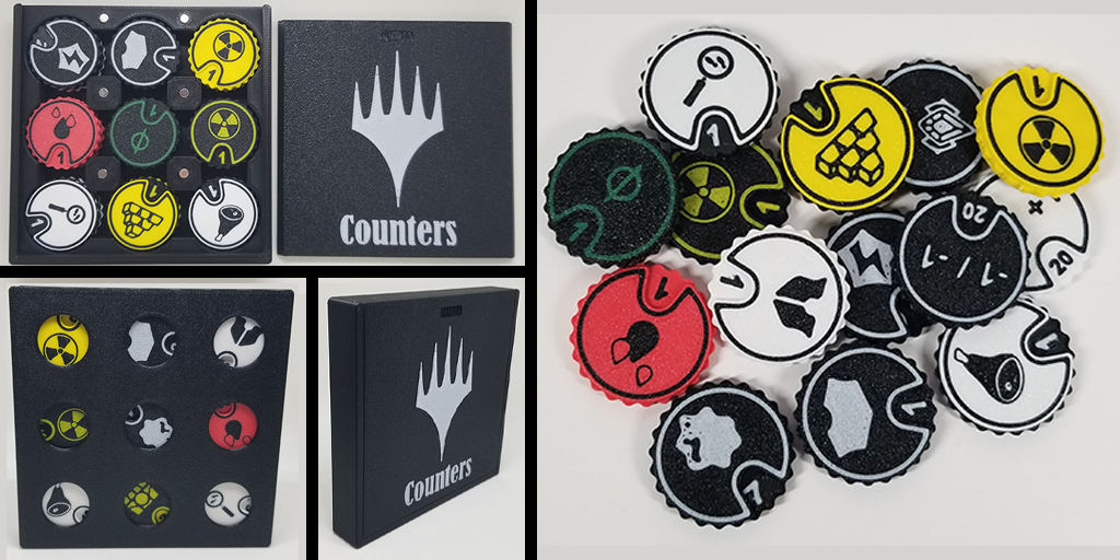 A really cool MTG 3D print project are these 1-20 counters for various tokens and counter types. Shown is a box to hold the counters along with a handful of different counters.