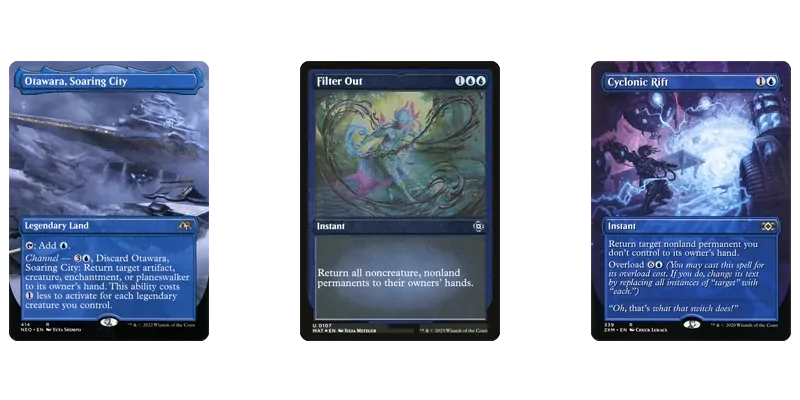 3 blue enchantment removal spells for bouncing: Otawara, Soaring City, Filter Out & Cyclonic Rift