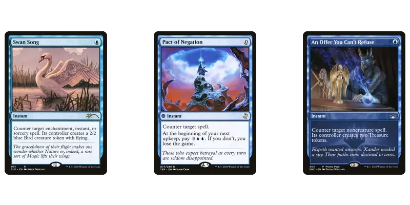3 blue enchantment removal spells for countering: Swan Song, Pact of Negation & An Offer You Can't Refuse