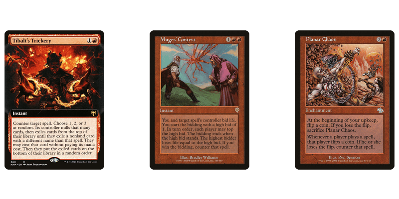 3 red enchantment removal spells for countering: Tibalt's Trickery, Mages' Contest & Planar Chaos