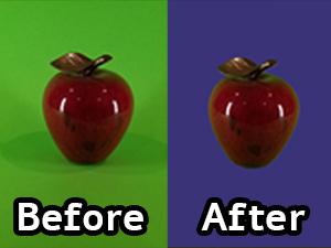 Using the DIY photo booth backdrop setup, I took a before photo of an apple using a green backdrop and then edited it removing the green backdrop to make the after image of the apple with a purple backdrop.
