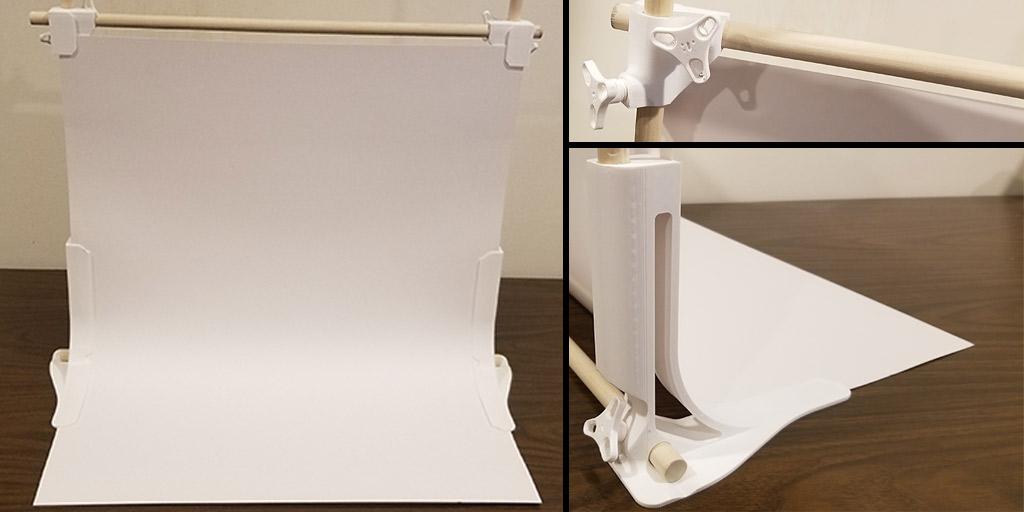 An image showing the 3D printed DIY photo backdrop being used with a large piece of white poster board to act as the infinity wall. The left half of the photo shows the entire setup whereas the top right shows the setup's top bracket and the bottom right shows the setup's feet.