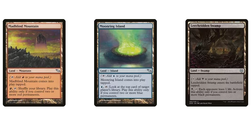 The Shadowmoore uncommon lands cycle of single type fetchable lands MTG has printed. Shown are the cards Madbling Mountain, Moonring Island and Leechridden Swamp