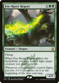 Foe-Razer Regent is one of the better MTG green Dragons. Shown here is the card Foe-Razer Regent.