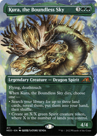 One of the better MTG green Dragons is Kura, the Boundless Sky. Shown here is the card for Kura, the Boundless Sky.